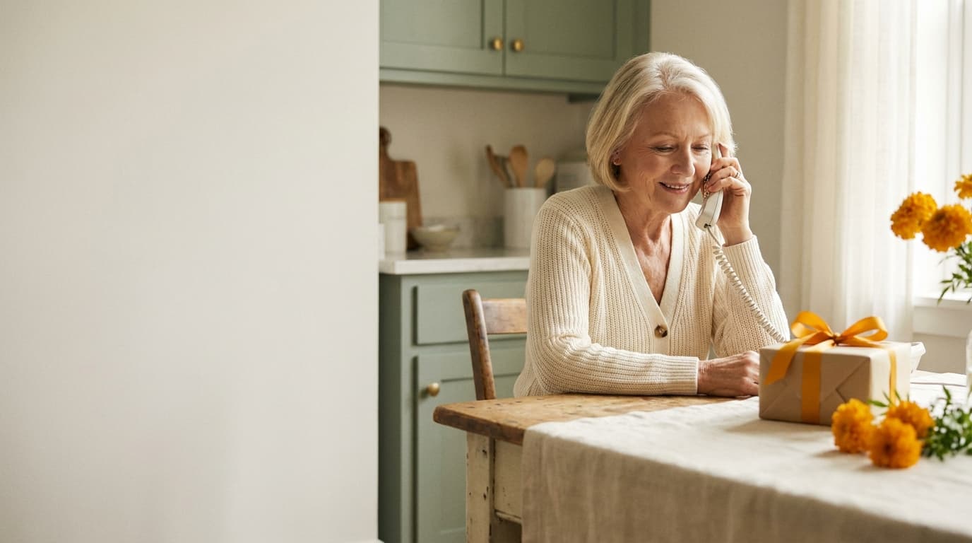 An older woman smiling on the phone at her kitchen table, beside a wrapped gift and marigold flowers